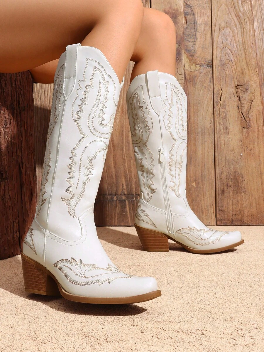 Cowboy Knee High Boots For Women Western Retro Embroidered Cowgirl Boots Fashion Narrow Square Toe Comfortable Vintage Side Zipper Tall Boots For Ladies - 白色 - 查看 1