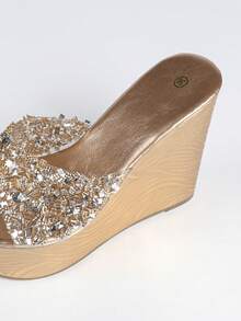 Women's Wedge Sandals, Thick Sole, Rhinestone Decor, Plus Size Fashion Slippers - Champagne - View 9