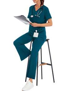 纯色V领短袖上衣和开衩裤实验服护士服套装，宠物医院诊所工作服套装，带口袋，春季款 - 墨綠色 - 查看 7