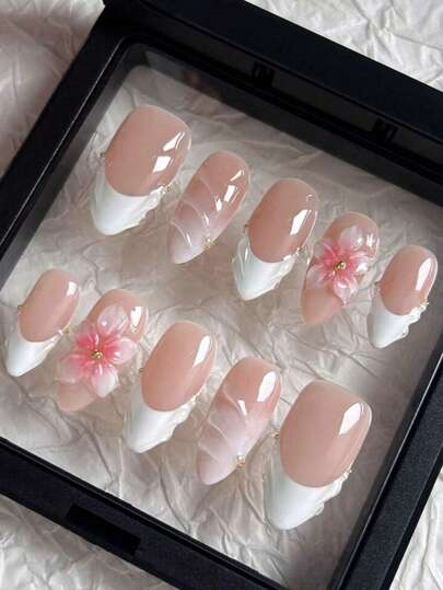 10pcs Handmade 3D Nail Stickers, French Almond Shape 3D Nail Stickers, 3D Floral Nail Stickers, White French Tip Nail Stickers, 3D Wave Nail Stickers, Suitable For Women And Girls Daily Wear Fake Nails, Nail Art Supplies