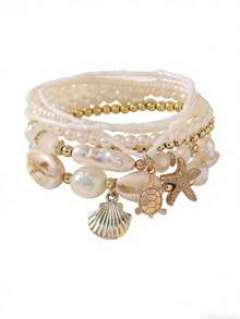 7件套夏季海洋元素时尚人造海星贝壳吊坠手链，波西米亚风串珠多层手链，精致女士日常、海滩派对、度假、性感比基尼饰品 - 彩色 - 查看 3