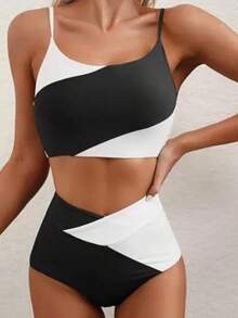 Women's Two Piece Bathing Suits Sleeveless Contrast Color Cami Tops High Waist Thong Sets - Black - View 1