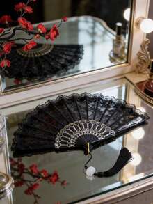 Chinese Traditional Style Feather Fan Cheongsam Female Fashion Show Folding Fan Hanfu Black Lace Fan Dance Fan Retro Chinese Fan, Classical Lolita Lace Fan Cheongsam Fashion Show Photo Folding Fan Dark Style Lace Fan Photo Props - B - View 10