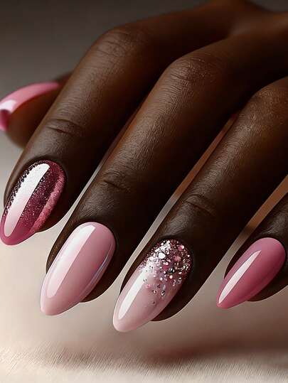 24pcs Press On Nails Medium French Nails Y2k Pink Nails Almond Glitter Pattern Simple Reusable Press On Acrylic Nails Fake Nails Supplies Free Of 24 Pieces Of Jelly Tabs And A Mini File