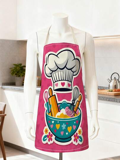 1pc Funny Baking Themed Cooking Apron, Pink Background With Cute Patterns Of Chef Hat, Whisk, Mixing Bowl Etc., Size 55*68cm, Halter Design, Suitable For Christmas, Thanksgiving, Family Gatherings, Daily Cooking, Baking, Parties