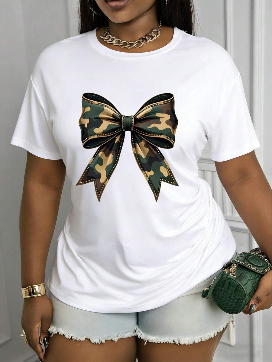 Fast Ship""2026 New" Plus Size Maweii Women's Round Neck T-Shirt  Fashionable Letter Cartoon Print, Simple Design, Suitable For Daily Leisure - 白色 - 查看 1