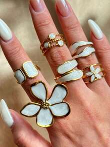 6pcs/Set Vintage Unique Delicate Luxurious Elegant Versatile Creative Asymmetrical Geometric White Enamel Flower Ring Set, Suitable For Daily Wear, Festivals, Parties, Gift For Mom, Wife - Multicolor - View 2