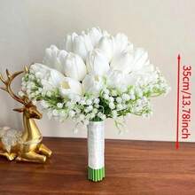 Realistic Touch, Suitable For Bride, Bridesmaid Wedding, White Calla Lily & Tulip Handmade Artificial Bridal Bouquet, Wedding Accessory - White - View 9