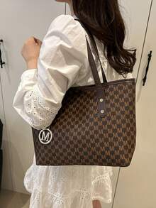 New Lightweight Tote Bag For Women With Rivet Decor, Large Capacity Suitable For Commuting, Shopping, Office, University - Coffee Brown - View 5