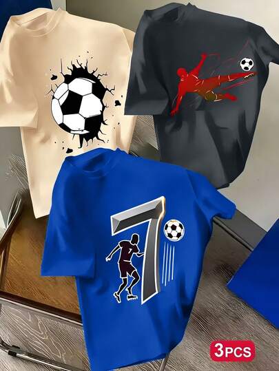 3pcs/Set Cartoon Print Crew Neck Short Sleeve T-Shirts For Teenage Boys, Summer Tops