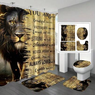 1/3/4 件套现代图案浴帘套装，包含 12 个挂钩、防水浴垫和柔软的 U 型浴垫、吸水马桶座套，提供完整的浴室装饰方案。