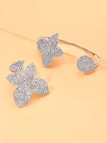 Set de joyería de 2 piezas con brazalete y anillo de flor con rhinestones dorados, set de joyería de flor grande para mujer, accesorios para fiestas - Plateado - Ver 7