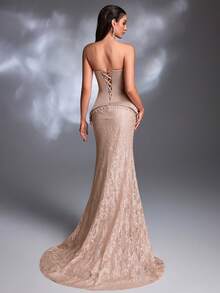 Đầm dạ hội/đám cưới thanh lịch kiểu retro, màu nude, cổ chữ V sâu, xếp ly peplum, đuôi cá, thắt dây, chất liệu ren tua rua, cổ đuôi cá. - Bụi hồng - Xem 2