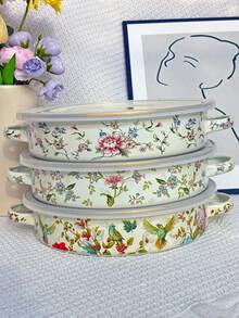 Luxury Persian Style + Complex Colorful Geometric Pattern/Contrasting Edge Trim + Round Shallow Pot Shape + Sturdy Heat-Resistant Handle + Easy To Clean Durable/Preserves Freshness & Warmth + Retro Palace Enamel Pot + Suitable For Holiday Entertaining/Outdoor Picnics & Barbecues/All-Season Kitchen Cooking - View 4