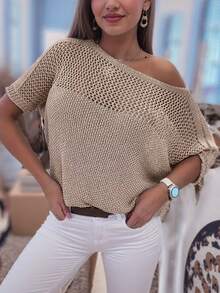 Women's Hollow Out Loose Fit Asymmetric Neck Knit Top, Suitable For Summer Vacation - Apricot - View 1