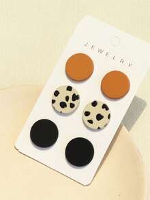 3 Pairs/1 Card Women's Deep Orange Polka Dot Print Ceramic Texture Personalized Round Acrylic Earrings - Multicolor - View 4