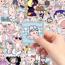 51pcs Colorful Painted Original Cute Pink Rabbit Cartoon Animal Decorative Stickers For Phone Case, Notebook Scrapbook Supplies Stationery Funny Stickers - 51 Original Photos Of a Pink Bunny's Daily Life. - View 7