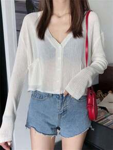 Women's Loose Cropped Cover Up, Long Sleeve Open Front Knit Sweater, Lightweight Spring/Summer Outerwear White - 白色 - 查看 2