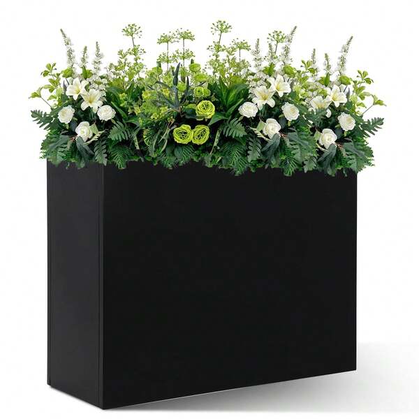 GCCSJ Macetero metálico grande de 81 x 30 x 61 cm - Macetero rectangular moderno de acero negro resistente con orificios de drenaje para jardín, patio y balcón - Resistente al óxido y a la intemperie (negro/gris)