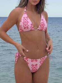 2026 Summer New Women's Pink Base Red Totem Print Halter Triangle Cup Bikini Set, Bohemian Style Tankini, Metal Ring Side Tie Two Pieces Swimsuit, Suitable For Beach, Vacation, Beach Photography - Multicolor - View 1