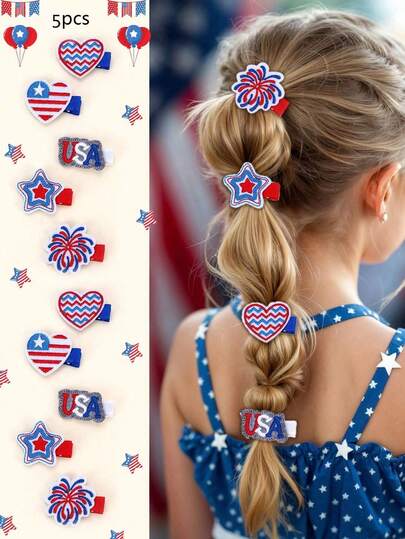5 piezas Día de los Caídos (4 de julio) Día de la Independencia Accesorios para el cabello de niñas con clips de flores pequeñas con estrellas y rayas de la bandera de EE. UU. Día de la Independencia