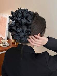 1件装女士时尚多层蝴蝶结大号夹子后脑勺圆盘发夹鲨鱼夹新款蕾丝花朵发爪头饰发饰 - 彩色 - 查看 7