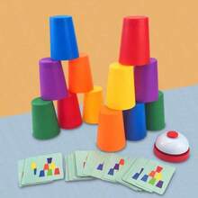 一套叠杯游戏（包含卡片、12个杯子、1个铃铛），桌面游戏，颜色分类叠杯，采用耐用材料制成。便携易玩，随时随地都能玩。有助于培养快速思考和反应能力。 - 彩色 - 查看 8