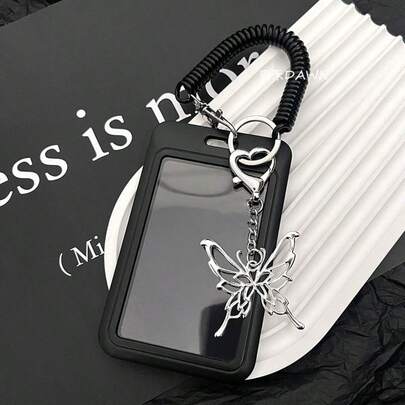 1套蝴蝶吊坠卡套，卡片收纳，带钥匙扣的证件卡套，便携式办公用品