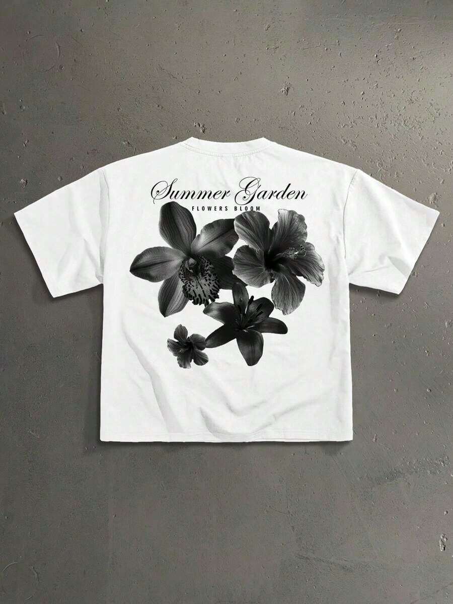 Camiseta de manga corta holgada y corta con estampado casual de fuente manuscrita floral para hombre, esencial para citas y reuniones, regalo de pareja de moda para el novio - Blanco - Ver 1