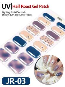 16片半固化凝胶美甲贴纸，金箔蓝百合花凝胶美甲贴，兼容任何UV灯，全甲覆盖，女性和女孩DIY礼物 - 彩色 - 查看 10