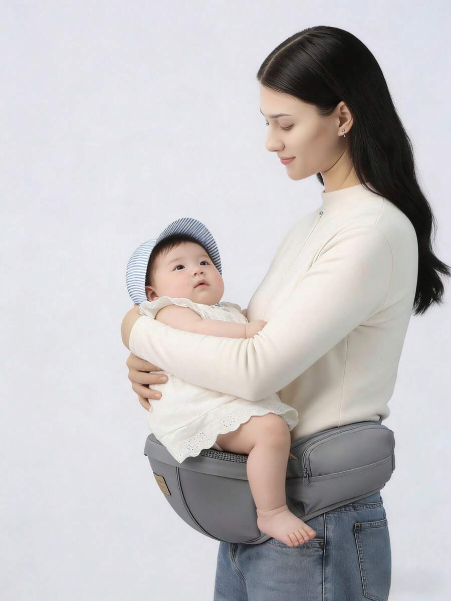 Portabebés de taburete para la cintura, taburete sentado multifuncional para exteriores, portabebés ligero y portátil con estilo de abrazo, adecuado para todas las estaciones - Gris Claro - Ver 1