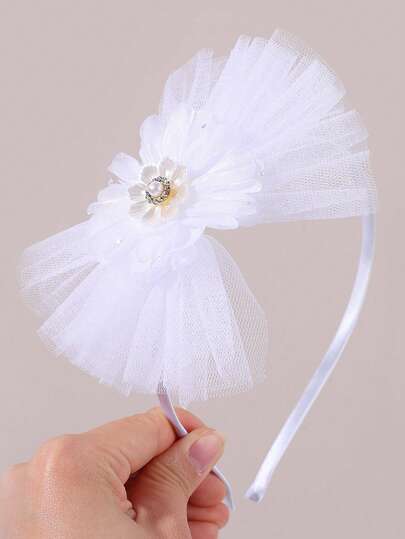 1件白色网纱花朵蝴蝶结发箍，珍珠水钻装饰，精致公主发带，美丽发饰，适合婚礼派对、日常佩戴，适合女孩和青少年。