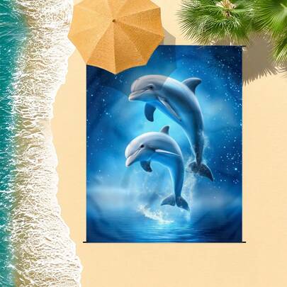 1条185*235厘米防水防沙沙滩毯，印有海洋生物和海豚图案，适合2-3人户外休闲海滩度假，轻便耐用，适合露营、野餐。