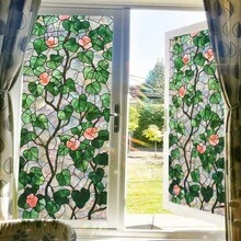 1/4pcs Green Leaf Vine Window Static Cling Film, Rainbow Prism Sunlight Catcher Static Adsorption Glass Sticker, Home Bathroom Decorative Colored Glass Film - Green Leafy Flowers - View 2