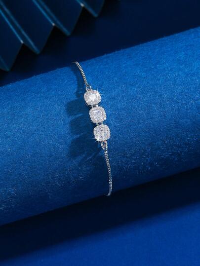 1件优雅奢华复古几何方形闪亮立方氧化锆可调节链条手链，精致优雅，适合女性和女孩日常佩戴