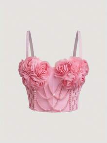 手工3D玫瑰花仿珍珠鱼骨胸衣露脐上衣，适合舞台表演、夜店、欧美性感休闲夏季穿着 - 粉紅色 - 查看 4