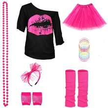 80s Retro Women's Outfit Set Including T-Shirt, Necklace, Tutu Skirt, Suitable For Halloween, Birthday Party And Other Occasions - Multicolor - View 4