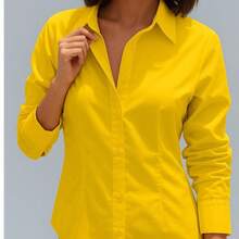 女士纯色长袖休闲/办公单排扣衬衫 春季 - 黃色 - 查看 3
