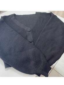 Women's Short Knit Jacket With Buttons, Elegant Winter Fashion Cardigan, Puff Sleeves, New Arrival, Long - Negro - Ver 2