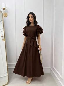 Elegant Princess-Style Long Dress With Puff Sleeves And Ruffles, Suitable For Modest Fashion, Graduation, Weddings, And Parties, With Belt And Pockets. - 鏽棕色 - 查看 1