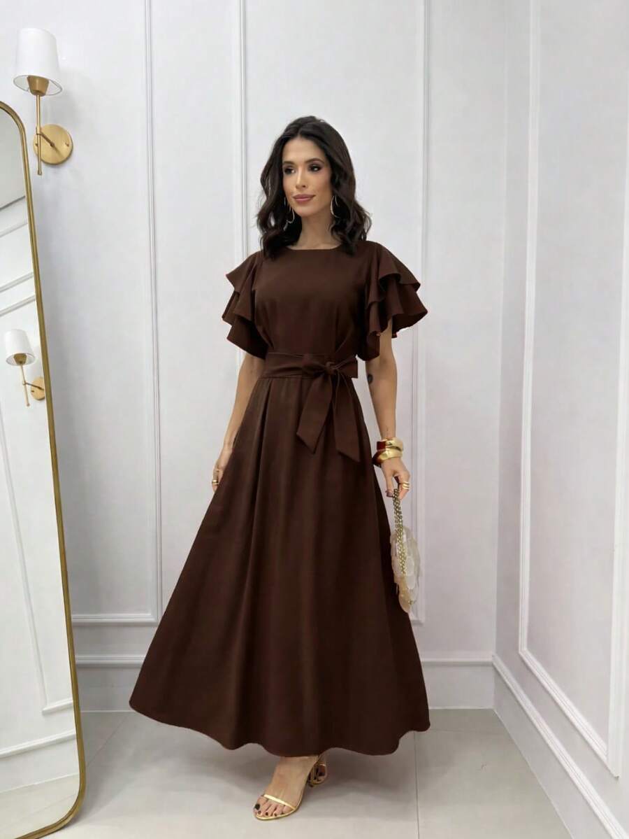 Elegant Princess-Style Long Dress With Puff Sleeves And Ruffles, Suitable For Modest Fashion, Graduation, Weddings, And Parties, With Belt And Pockets. - 鏽棕色 - 查看 1