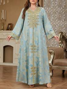 Solessence 女士优雅长款卡夫坦连衣裙，V领长袖，提花刺绣，适合斋月、派对、节日和约会穿着。 - 藍色 - 查看 1