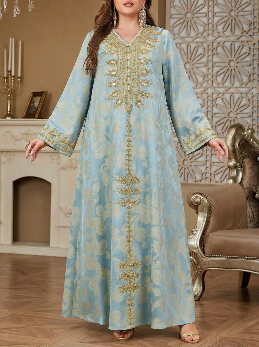 Solessence 女士优雅长款卡夫坦连衣裙，V领长袖，提花刺绣，适合斋月、派对、节日和约会穿着。 - 藍色 - 查看 1