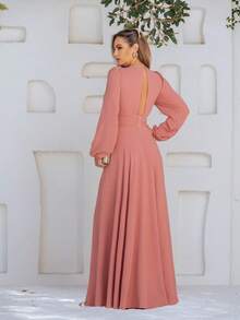 Long Rose-Colored Party Dress With Wrap Neckline And Long Sleeves - Helena NM Nana Marie - 乾枯玫瑰色 - 查看 2