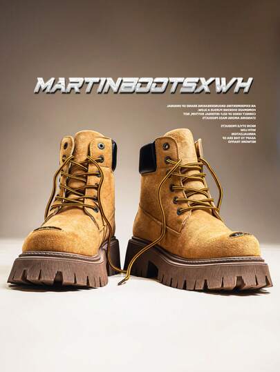 1双男士高帮皮靴，厚底系带朋克风踝靴，增高靴，青少年休闲机车靴，四季皆宜