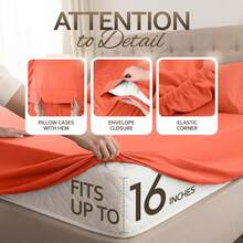 Beddora Queen Size Bed Sheet Set In Orange – 4 Piece Microfiber Sheets, Ultra-Soft, Deep Pocket, Wrinkle-Resistant, Easy Care, Adult - Màu Cam cháy - Xem 5