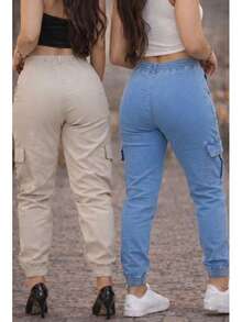 Stillger Moda Jeans Set Of 2 Cargo Jogger Jeans With Butt-Lifting Effect, High Waist, Premium Lycra - 米色和淺藍色 - 查看 3