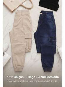 Stillger Moda Jeans Set Of 2 Cargo Jogger Jeans With Butt-Lifting Effect, High Waist, Premium Lycra - 米色和藍色噴漆 - 查看 4