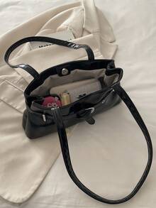 Bolso de hombro de mujer con diseño de hebilla elegante y versátil, decoración de letra de cuero patentado de unicolor, adecuado para compras, carteras, compras, mujeres jóvenes, estudiantes universitarios, recién llegados y trabajadores de cuello blanco. Son muy adecuados para oficinas, universidades, trabajo, negocios, viajes al trabajo, actividades al aire libre, viajes y salidas - Negro - Ver 11