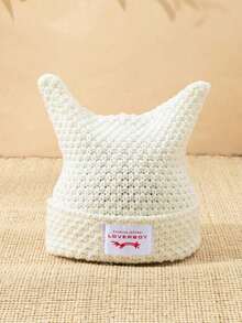 .1pc Men's Unique Cat Ears Sewn Label Y2K Knit Beanie, Suitable For Autumn/Winter Warm Daily Wear Halloween Fall Outfit.. U4LY - E - View 5